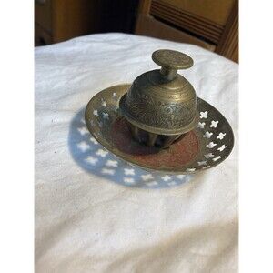 2 Piece Decorative Brass Bell & Dish Ornate Enamel Floral India indian hindi